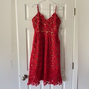 Red lace midi dress in size M
